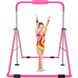 Safly Fun Gymnastics Bar for Kids 3-9, Foldable & Adjustable 35"-51", Supports 140Lbs with Pad, Easy to Assemble, Gymnastics Equipment for Indoor/Outdoor Training (Pink)