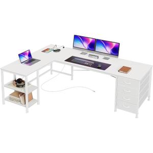 Huuger 55 Inch L Shaped Desk with Fabric Drawers, Reversible Computer Gaming Desk with Power Outlets and USB-C Port, Adjustable Side Storage Shelves, for Work Corner Home Office, White