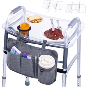 BAGSFY Clear Walker Tray Table with Cup Holder & Storage Bag Non-Slip Food Tray, Fits Standard Folding Walkers with Side Bars, Walker Accessories for Seniors, Supports Up to 10 lbs