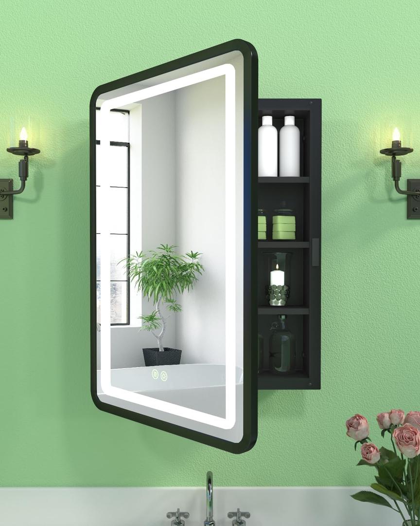 20x30 Inch Lighted Medicine Cabinet with Mirror, LED Bathroom Mirror with Storage Wall Mounted & Recessed Mounted, Anti-Fog, Dimmable 3 Lighting Colors, Memory Function, 3 Shelves & 1 Organizer, Black, Mirror 20"x30"/ With LED &Defogging