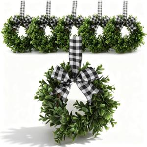 6 Pcs Mini Wreaths for Kitchen Cabinets, 9 Inch Artificial Boxwood Wreath with Buffalo Plaid Bows, Small Farmhouse Candle Rings for Covered Outdoor Window Decor, UV Protected Realistic Greenery