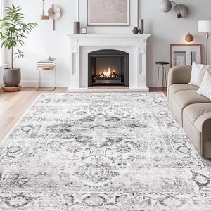 9x12 Area Rugs for Living Room, Machine Washable Non Slip Vintage Rug, Non-Slip Stain Resistant, Large Soft Home Decor Rug for Bedroom Dining Room (Ivory/Gray,9'x12')
