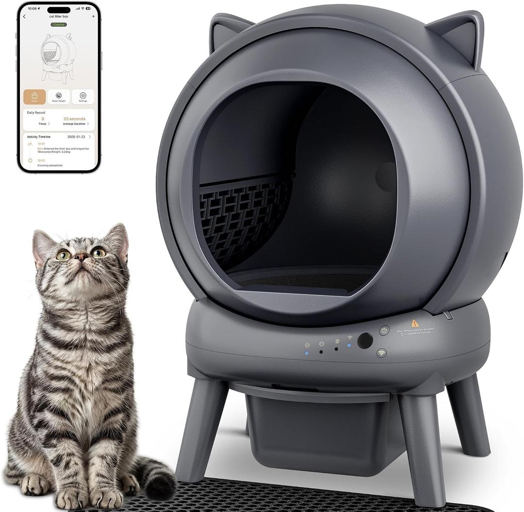 Automatic Self Cleaning Litter Box, Cat Litter Box, Robot Litter Box | APP Control, 65L Globe, Dual Safety Sensors, 1 Roll Garbage Bags, Litter Mat, <35DB, Grey
