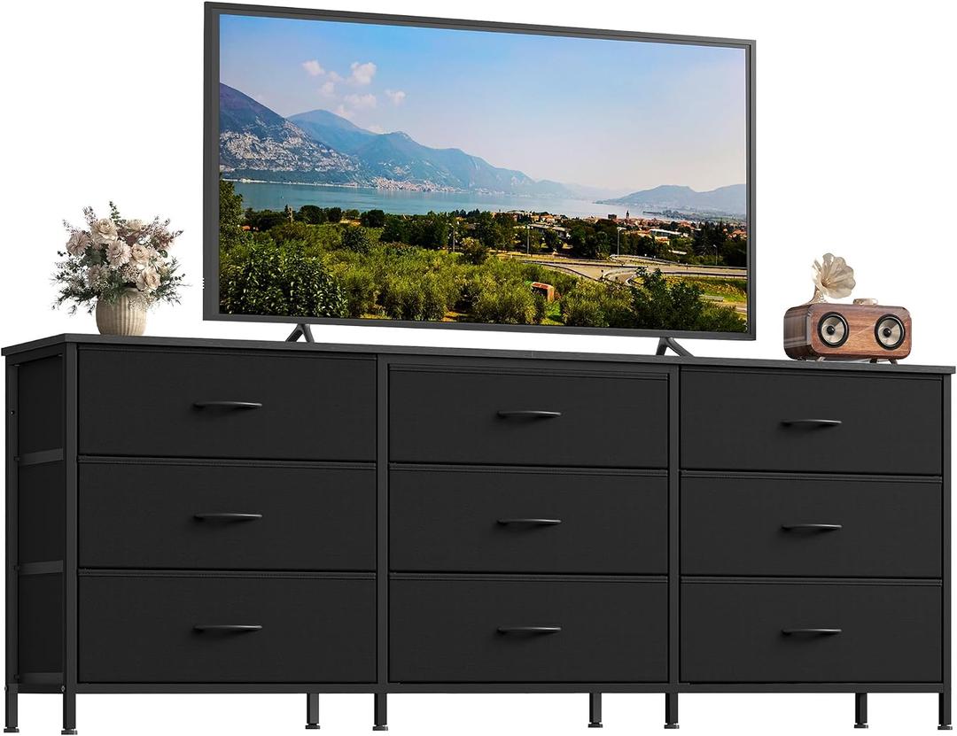 SONGMICS BELLAH Collection - Dresser for Bedroom, TV Stand for TVs Up to 70 Inches, Chest of Drawers for Living Room, Closet, Steel, 9 Drawers, Modern, Ink Black ULGS233BH02S, 13.8"D x 68.4"W x 26.8"H