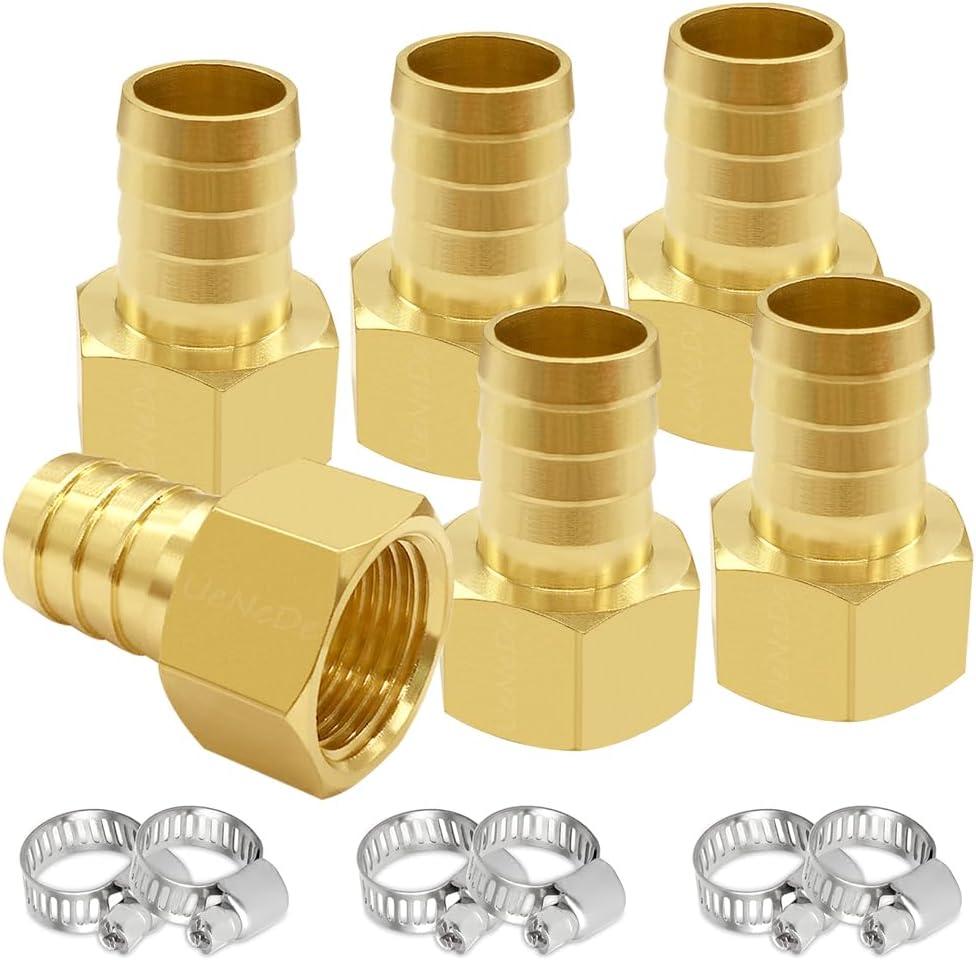 Uenede 6PCS Brass Hose Barb Fittings 1/2" NPT Female to 1/2" Barb Adapter Connector Include 6 Stainless Steel Clamps for Water/Oil/Gas