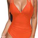 CUPSHE Women's One Piece Swimsuit Tummy Control Deep V Neck Double Straps Crisscross Back Tie Bathing Suit (Orange, L)
