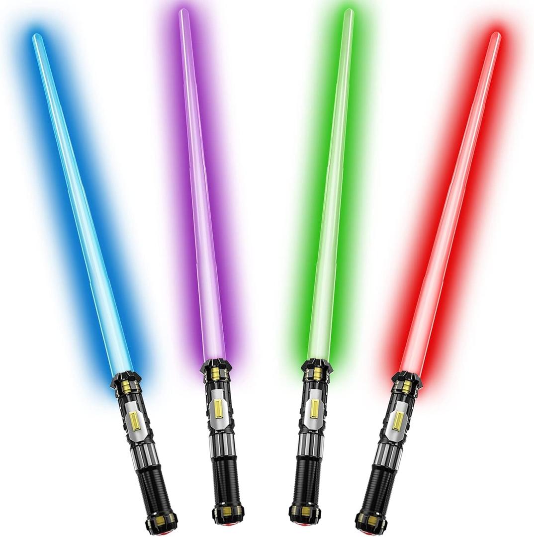 Cawiew 4 Pack Light up Sword Saber with FX Sound (on-Off Control) and Full Retractable Handle, 4 Colors LED Glow in The Dark Toy for Kids Adult