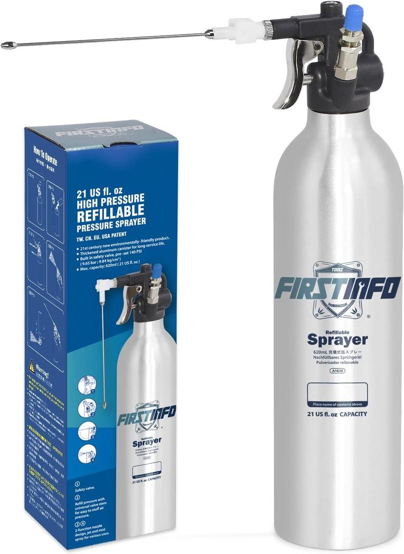 FIRSTINFO A1638 (3rd Gen) Patented Lightweight Max. Pressure 140psi / 620ml Thickened Aluminum Canister Refillable Aerosol Spray Can | Compressed Air Sprayer | Wide Mist Spray (21 Ounces)