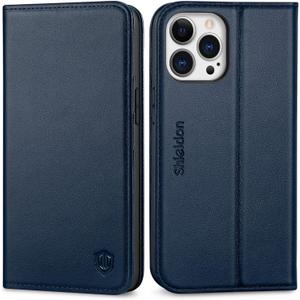 SHIELDON Case for iPhone 13 Pro 6.1", Genuine Leather Wallet Folio Case RFID Blocking Card Holder Kickstand Shock Absorbing Protection Cover Compatible with iPhone 13 Pro 5G - Navy Blue