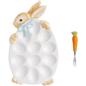 Mud Pie Easter Bunny Deviled Egg Platter and Serving Fork Set (White)
