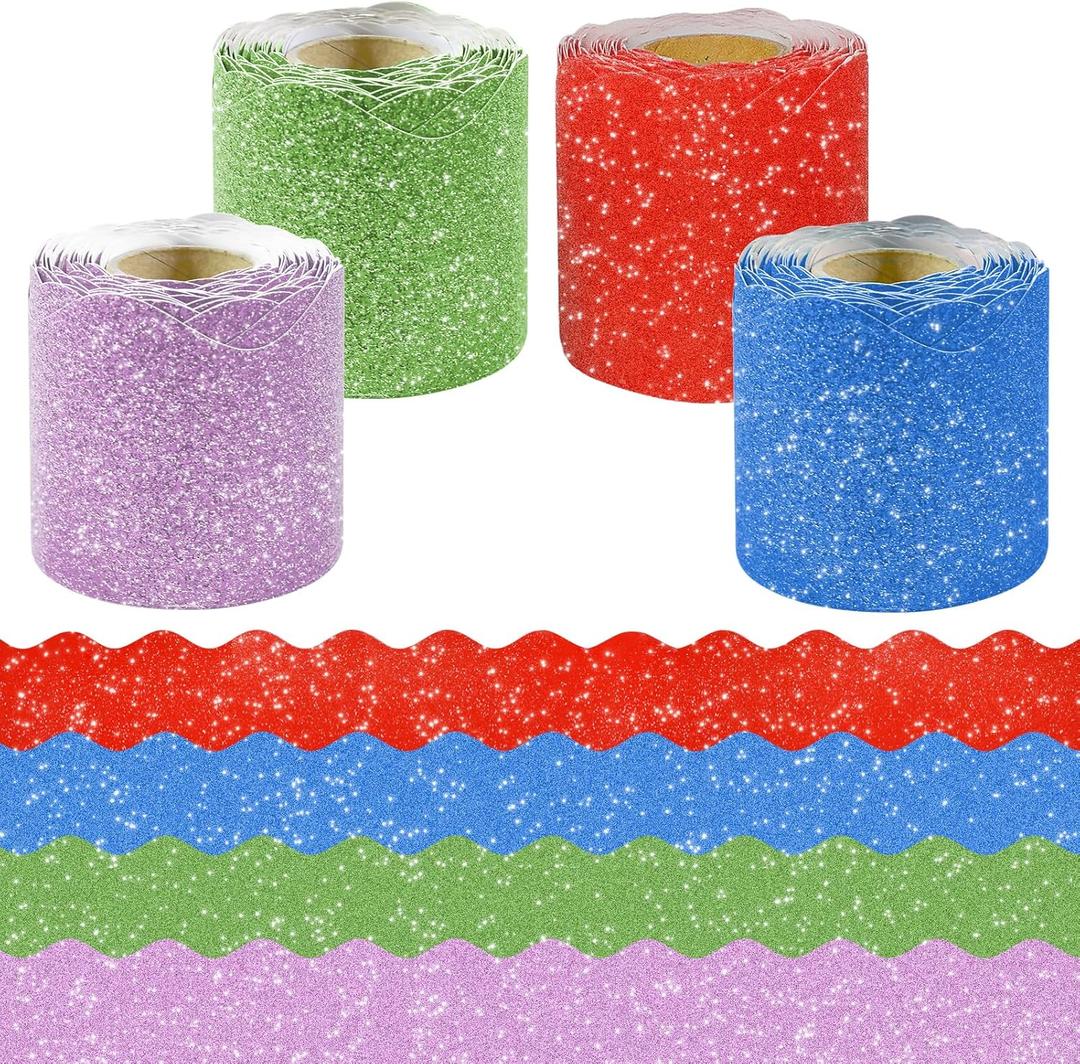 4 Rolls 131.2Ft Glitter Bulletin Board Borders  Colorful Scalloped Classroom Border for Bulletin Board Trim  DIY Classroom Decor for Teachers, School and Office, Class Decorations