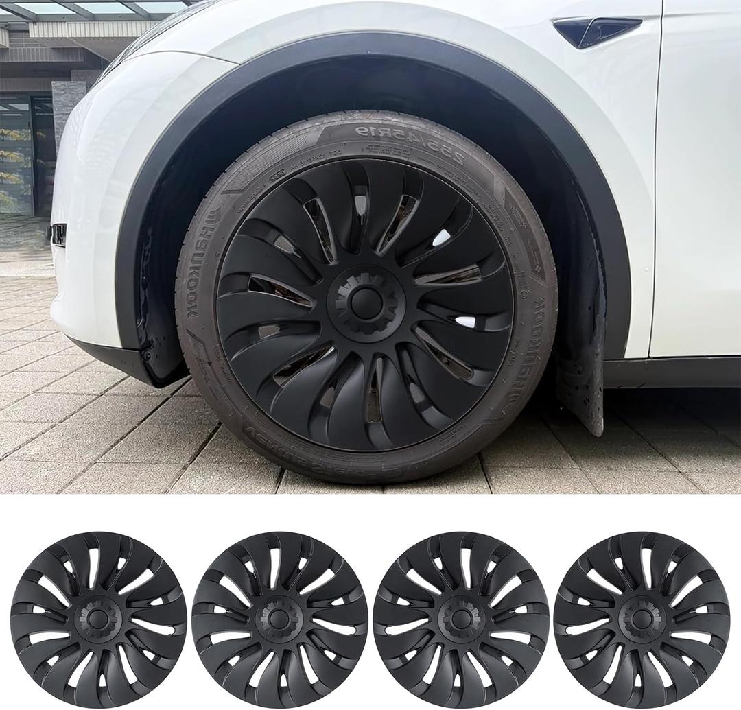 Tesla Model Y Wheel Covers 19 Inch 2020-2024 Full Fit Hubcaps with Left-Right Aero Symmetry, Reduced Wind Drag Includes Tire Repair Kit Tesla Model Y Accessories 4 Pack