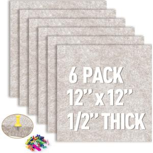 AKTOP Cork Bulletin Board 12x12, 1/2" Thick Felt Cork Board Tiles 6 Pack, Small Square Pin Board for Wall, Self Adhesive Corkboards with 60 Push Pin Wood Clips for School, Home & Office, Latte