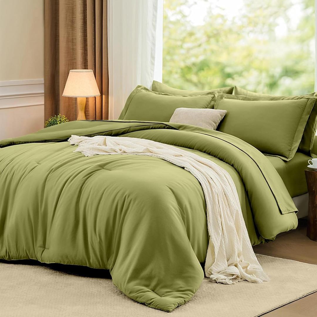 FUANNA Queen Comforter Set Olive Green, 7 Pieces Soft Bedding Sets Queen Size, All Season Lightweight Bed in a Bag with Comforter, Flat Sheet, Fitted Sheet, Pillowcases & Shams
