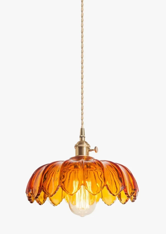 Vintage Crystal Glass Pendant Light, Flower Light Shade, Brass E27 Socket, Height Adjustable Ceiling Hanging Light Fixture for Kitchen Island and Dining Room (Amber) [Energy Class E]