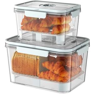 SISAYWEY Bread Box for Kitchen Countertop: 2 Pack Airtight Breadbox Food Storage Container, Portable Large Plastic Clear Container with Lid for Homemade Bread, Toast, Bagel, Donut, Cookies and Fruits