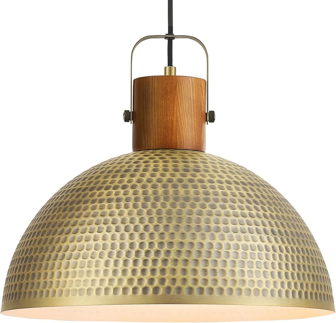 ELYONA 16 Inch Large Hammered Pendant Light Fixtures Ash Wood Vintage Dome Hanging Lamp Antique Gold Metal Kitchen Chandelier for Island, Farmhouse Dining Room Living Room Hallway Brushed Brass