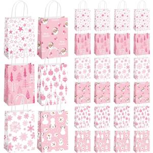 Kolldenn 24 Pcs Christmas Pink Paper Gift Bags 6 x 8 Inch Claus Xmas Tree Party Favor Bags Bulk with Handle Winter Snowflake Party Gift Candy Goodie Treat Snack Bag for Christmas Holiday Supplies