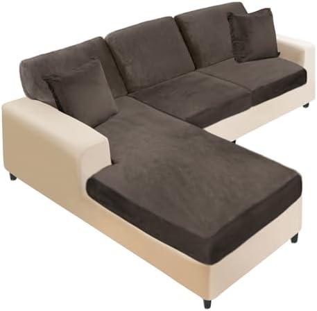 NAISI Sectional Couch Covers 6 Pieces Velvet Couch Cushion Covers L Shape Soft Stretch Sofa Slipcovers with 2pcs Pillowcases for Left/Right Chaise Sectional Couch(2 Seater+1 Chaise+3 Back,Brown)