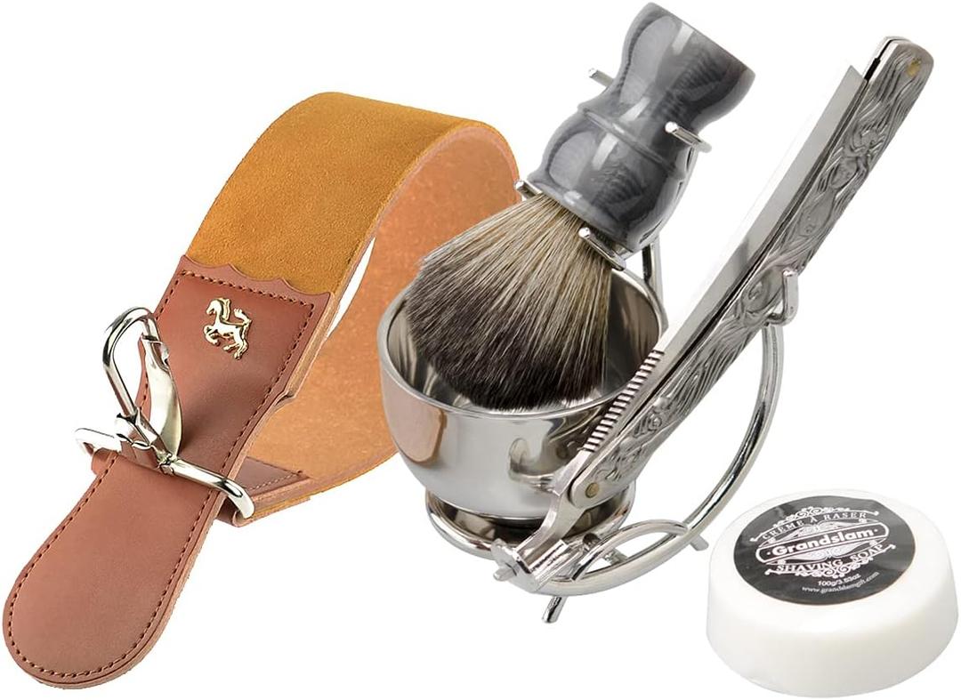 Grandslam Shaving Straight Razor Kit, Steel Cutthroat Straight Razor With Leather Strop, Shave Brush, Stainless Steel Shaving Bowl and Stand, Gift for Men (Silver)