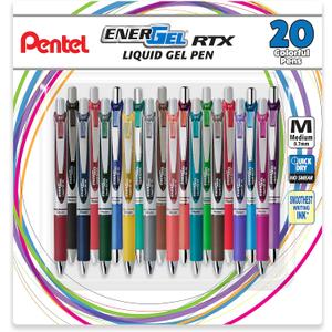 Pentel EnerGel RTX Retractable Liquid Gel Pen, (0.7mm), Medium Line, Metal Tip, Assorted Ink Colors, 20 Pack (BL77BP20M)