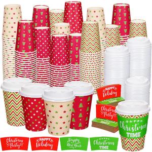 Zhehao 160 Sets/ 480 Pcs Disposable Coffee Cups Christmas Paper Cups with Lids and Sleeves for Cold Drink Tea Hot Cocoa Chocolate Holiday Xmas Party Supplies, 4 Designs(Classic Style, 12 oz)