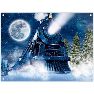 Yriujul Fabric 8x6ft Winter Train Photography Backdrop Christmas Snowy Moon Night Pine Tree Railway Background Kids Adult Party Decorations Photo Banner Props