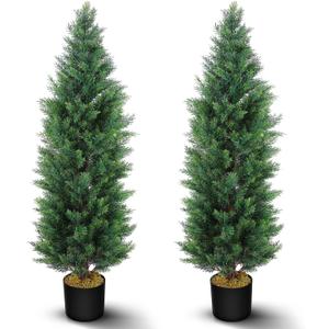 Hananona 2 Pcs 4 Ft Artificial Topiary Cedar Trees, Outdoor Faux Pine Shrubs, Realistic Fake Greenery Plants UV Resistant Cypress Trees for Christmas Porch Front Door Decor (2, Green, 4 Ft)