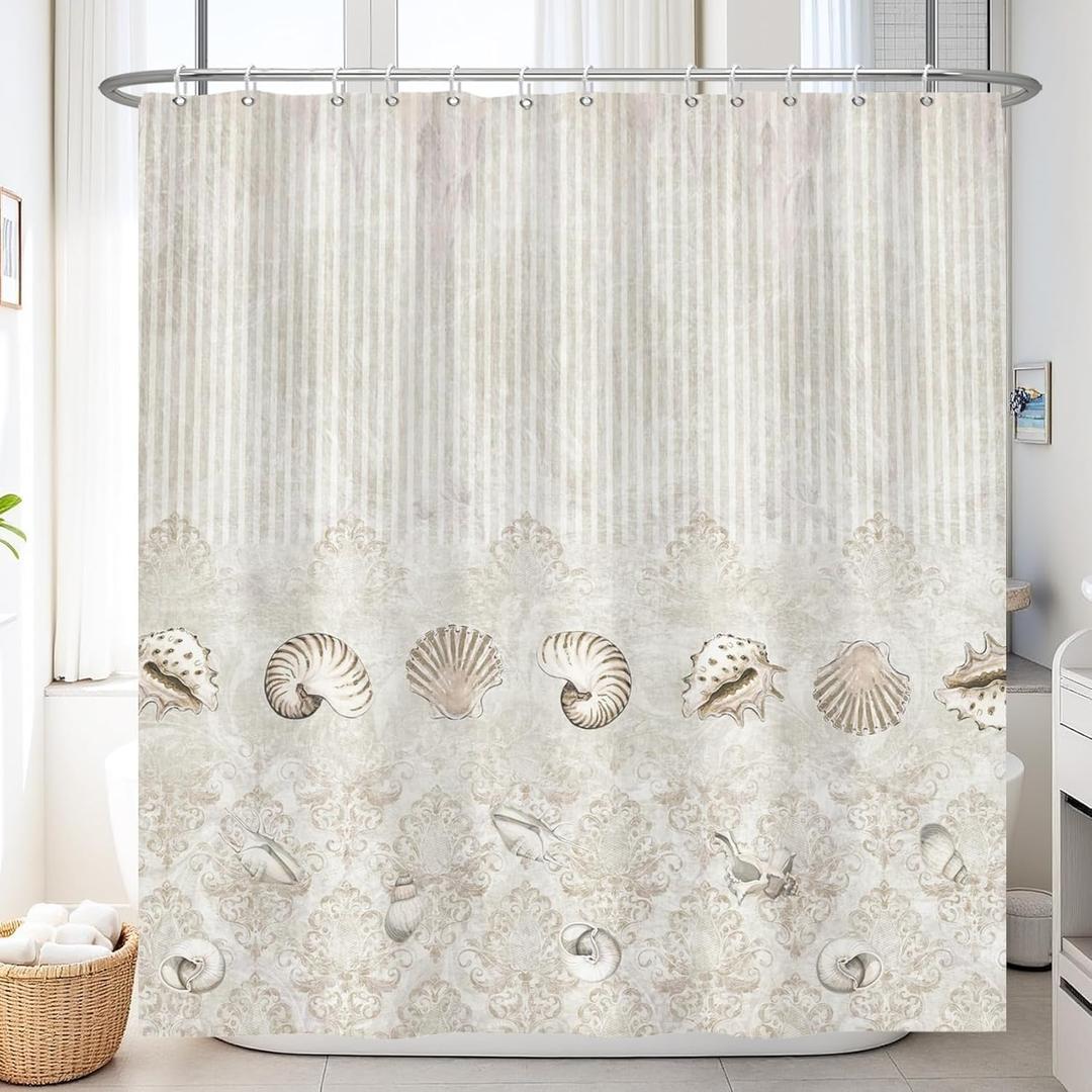 AOFOTO Seashells Conch Shower Curtain with Hooks, Coastal Seashell Nautical Ocean Theme Modern Decorative Shower Curtains Vintage Damask Stripe Neutral Beige Bath Curtains Bathroom Decor 60x72 Inch