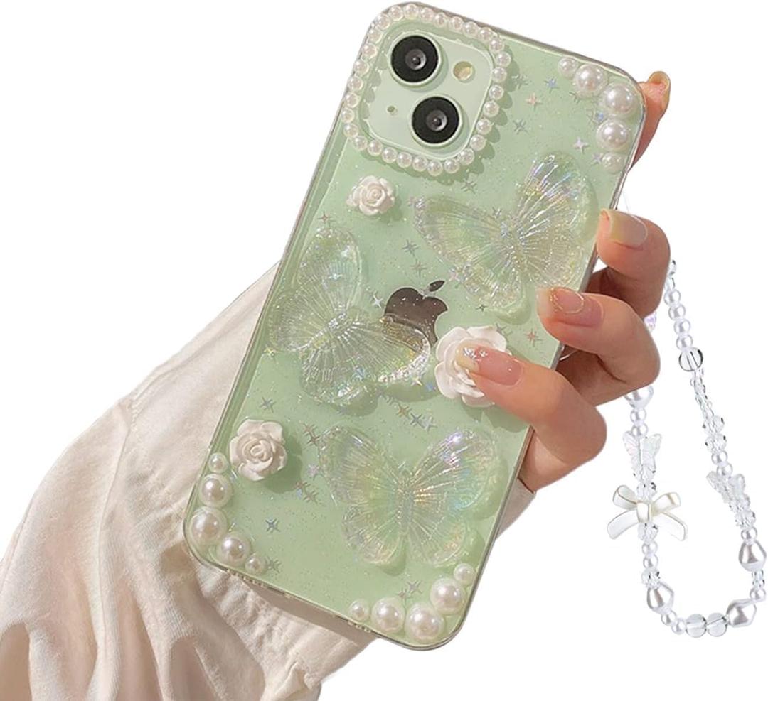 Fycyko Compatible for iPhone 15 3D Butterfly Floral Clear with Design Aesthetic Women Teen Girls Glitter Pretty Crystal Sparkle Sparkly Cute Girly Phone Cases Protective Cover+Pearl Chain-Clear