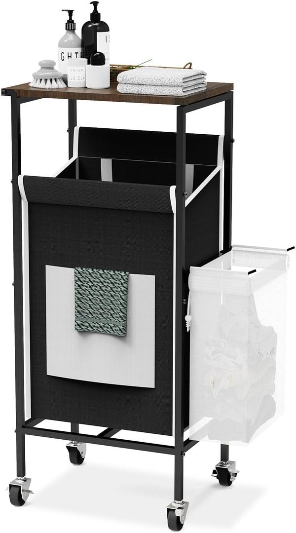 Laundry Hamper with Lid,Rolling Laundry Basket with Wheels,Metal Frame Sorter with Top Shelf and Removable Launddry Bags,Large Laundry organizer for Room, Bathroom, Bedroom (Black)