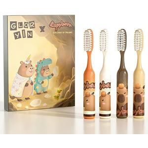 Capybara Kids Toothbrush 4-Pack Gift Set, Ages 5-18, Cute Animal Themed Extra-Long Bristles for Back Teeth, Soft & Fun Brushing