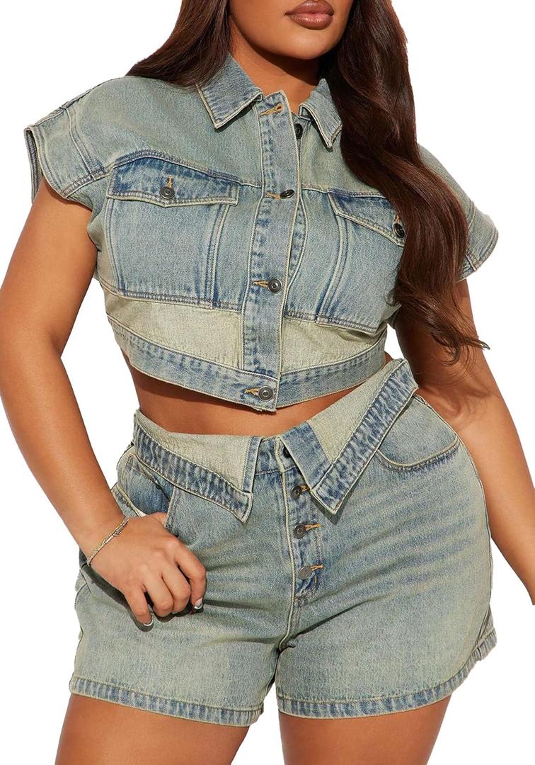 Two Piece Short Denim Sets for Women Summer Button Down Asymmetrical Waisted Sexy Cowgirl Jean Outfits (Blue, M)