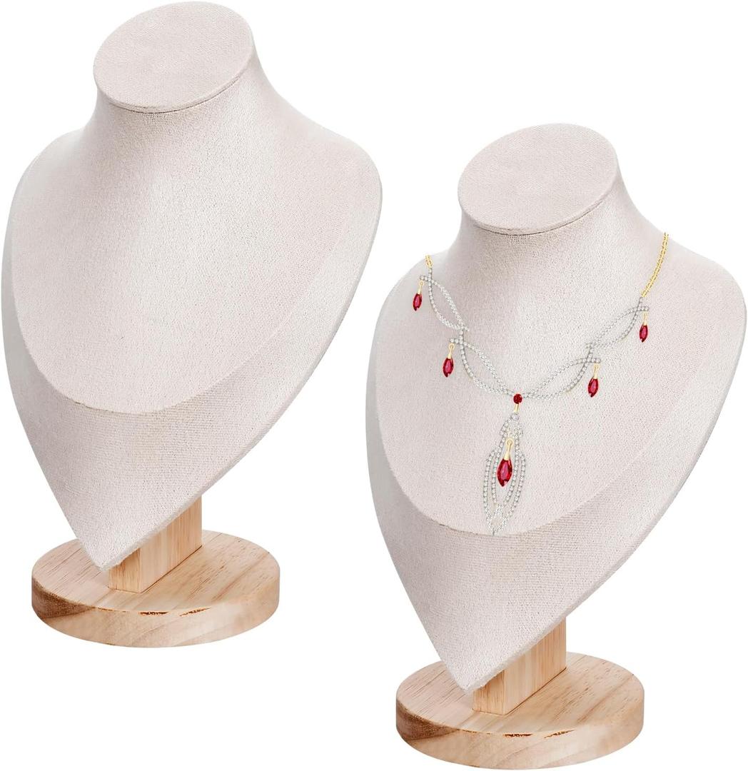 CheeFun 2Pack Necklace Display Stand for Vendors: 3D Necklace Display Stand for Selling Velvet Wood Chain Jewelry Bust Holder Organizer