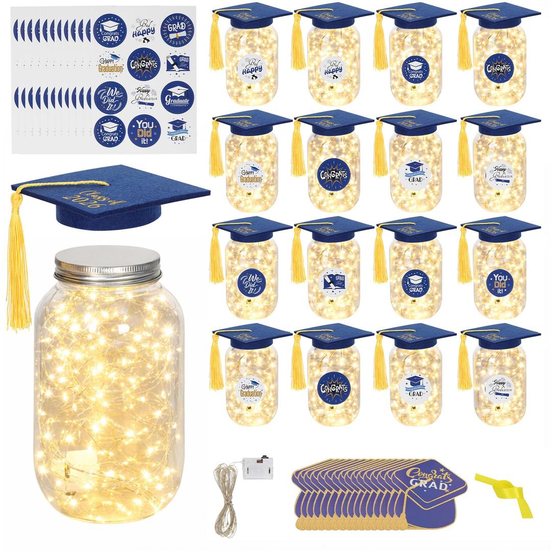 Upgrade 16 Sets Graduation Table Decoration with LED Lights，Graduation Decorations for Class of 2026，Includes Grad Jar, Felt Graduation Cap, Graduation Card, DIY Rubber Band and Ribbon（Blue）