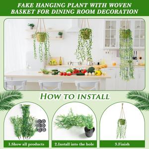 Mini Fake Hanging Plants with Woven Basket Boho Artificial Ivy Faux Vines Eucalyptus Leaf for Indoor Home Wall Living Room Bathroom Shelf Decor