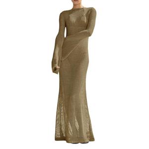 Saodimallsu Womens Crochet Cover Ups Long Sleeve Sexy Mesh Backless Knit Swimsuit Coverup Beach Maxi Dress Khaki Small