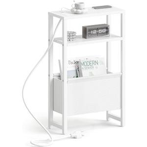 Narrow Side Table with Charging Station Slim End Table Sofa with Magazine Rack, Bedside Table for Small Spaces, 3 Tier Nightstand for Living Room Couch, Bedroom White LET503WE