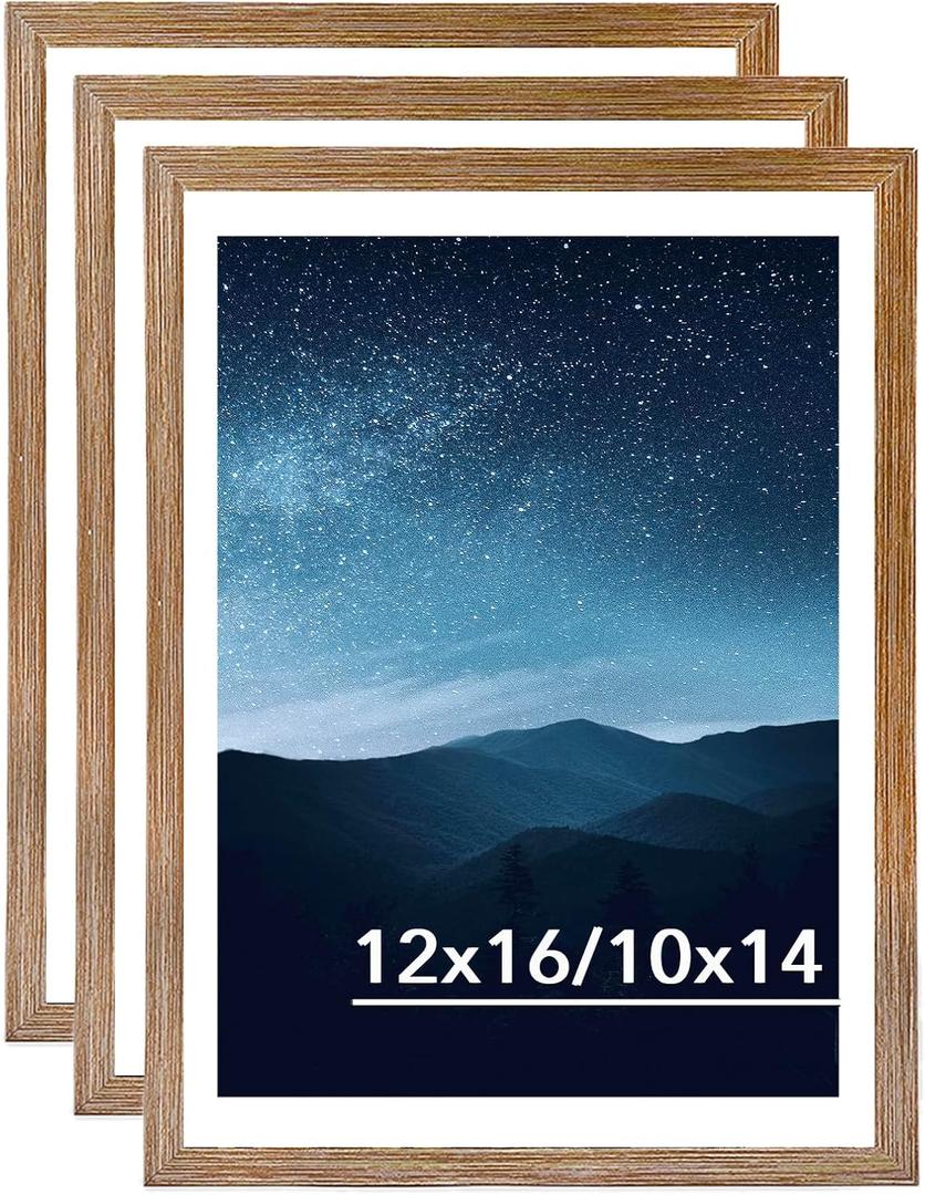 JCJMY 12x16 Picture Frame Set of 3 with 10x14 Mat for 30 x 40cm Diamond Art Painting, Display Photo 10x14 with Mat or 12 x 16 Without Mat, Wall Hanging Large Frame, 3 Pack, Rustic Brown