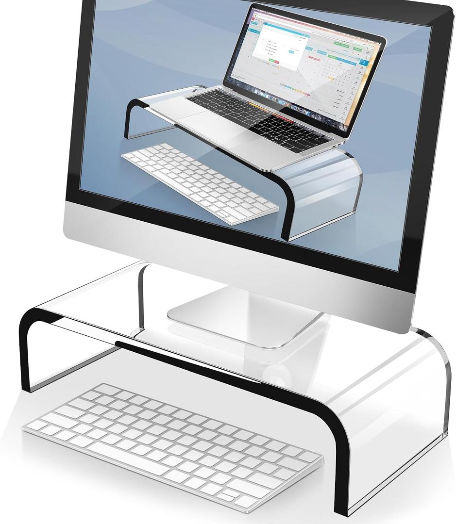 AboveTEK Acrylic Monitor Stand Clear Monitor Riser & Computer Desk Stand, Premium Acrylic Laptop Stand for Home Office, PC TV Stand with Keyboard Storage Heavy Duty Desk Riser 15 Inch