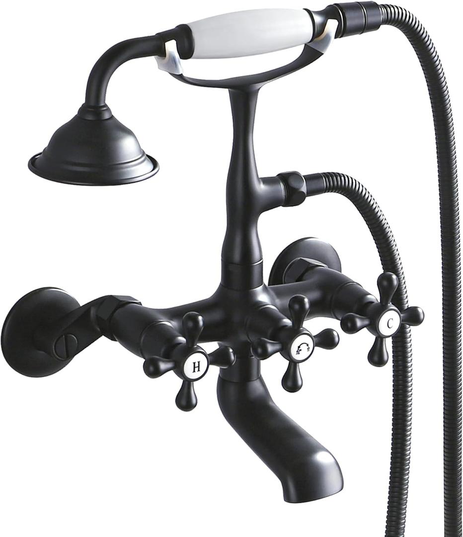 Clawfoot Tub Faucet Kit Wall Mount Bathtub Faucet with Handheld Shower, Vintage 3 Handle Tub Faucet Set with Shower Diverter 3-9 Center, Matte Black