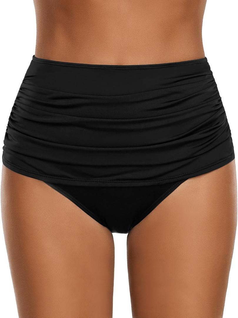 GRAPENT Women's High Waisted Swim Bottom Ruched Bikini Tankini Bottoms Tummy Control Swimsuit Briefs Black (Medium)