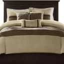 Madison Park Palmer Comforter Set-Luxury Faux Suede Design, Striped Accent, All Season Down Alternative Bedding, Matching Shams, Decorative Pillow, Bed Skirt, Queen (90 in x 90 in), Natural 7 Piece