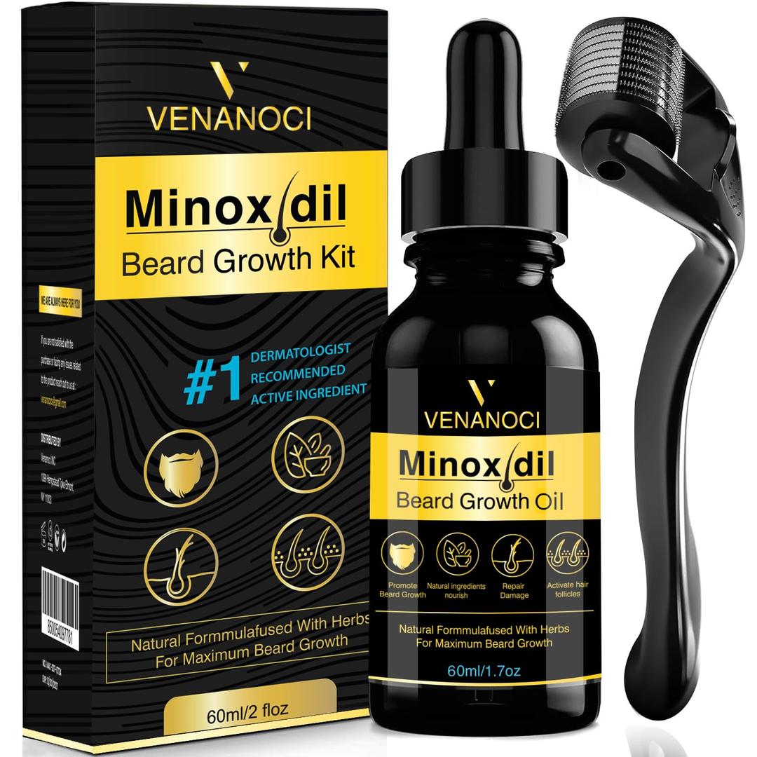 5% Minoxidil for Men Beard Growth Kit: Venanoci Hair Regrowth Oil with Biotin & Rosemary  Thicker, Fuller Beard & Hair  Stop Hair Loss & Thinning  Hair Growth Serum Treatment (2 Fl Oz (Pack of 1))