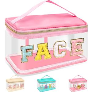 Chenille Letter Clear Makeup Bags Face Pouch, Preppy Patch Makeup Bag Zipper with Handle, Transparent PVC & Nylon Waterproof Glitter Cosmetic Handbag Travel Toiletry Storage for Women Girl(FACE-Pink)