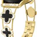 Diamond Metal Band Compatible with Samsung Galaxy Watch 7 6 5 4 40mm 44mm/for Galaxy Watch 6 4 Classic 42mm 46mm 43mm 47mm/Watch 5 Pro 45mm/Active 2,20mm Stylish Clover Sparkle Wristband Women (Gold/Black)