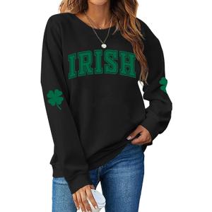 St. Patrick's Day Sweatshirt for Women Lucky Shamrock Long Sleeve Sweater Irish Clover Casual Graphic Pullover Tops (Black, S)