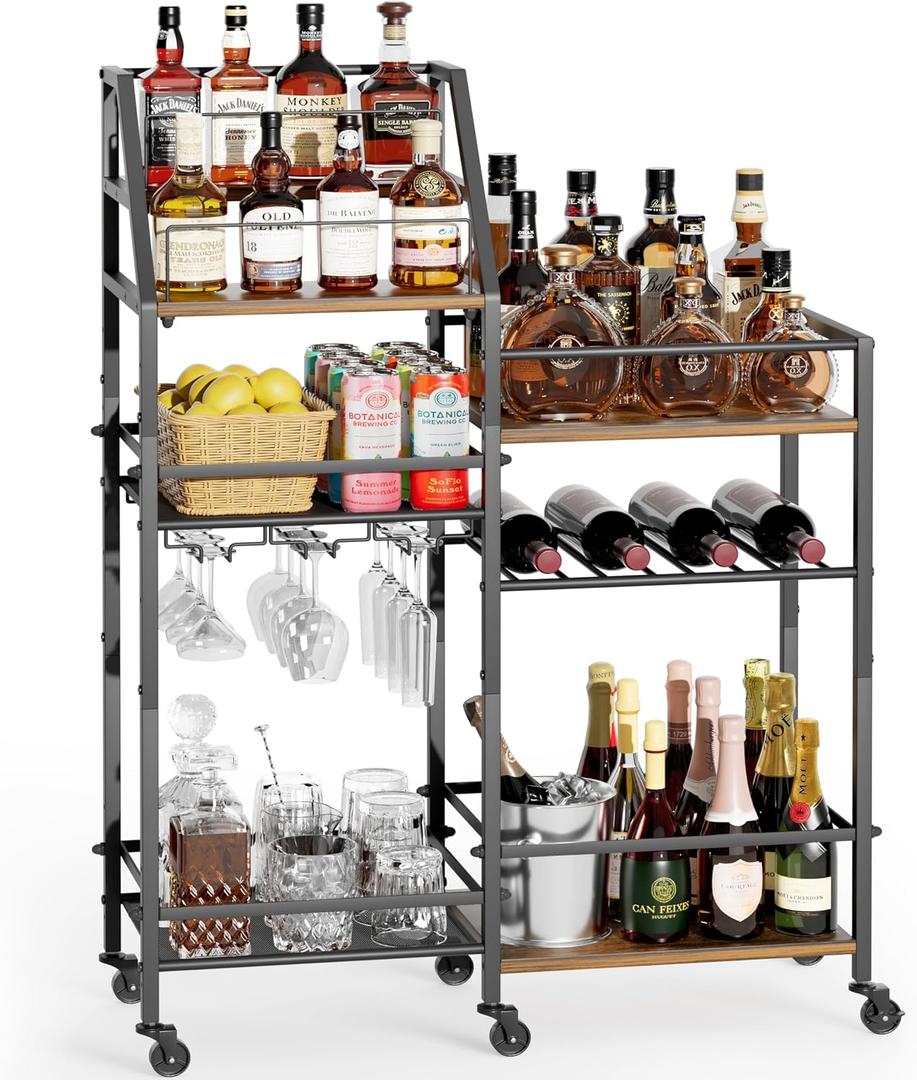 VINAEMO Rolling Bar Cart with Wine Glass Holder, Bar Carts for The Home, Bar Stand for Home, Small Mini Bar for Whiskey Wine, Liquor Cart for Home Bar, Alcohol Cabinet for Bar, Kitchen, Dining Room, Large