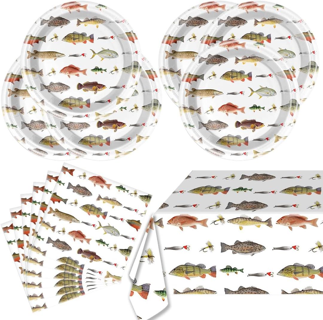 JU XIN Gone Fishing Birthday Party Tableware 20 Fishing Plates and 20 Fishing Napkins and 1 Fishing Tablecloth, Gone Fishing Theme Birthday Party Decoration