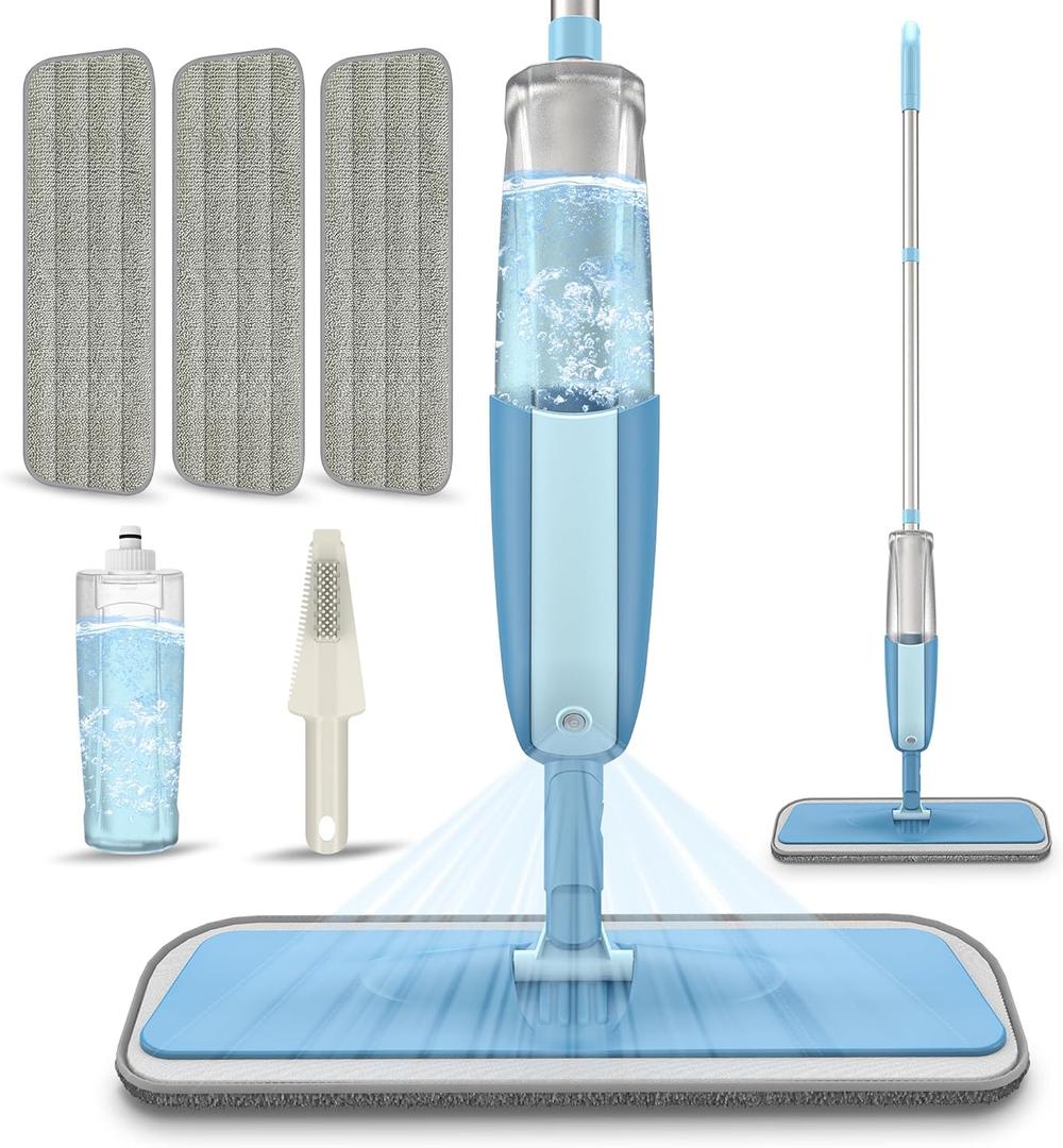 Spray Wet Mops for Hardwood Floors- MEXERRIS Microfiber Dust Dry Mop with 3 Microfiber Washable Pads Hard Wood Floor Mop with Sprayer Commercial Home Use for Wood Floor Laminate Ceramic Tiles (Cyanine)
